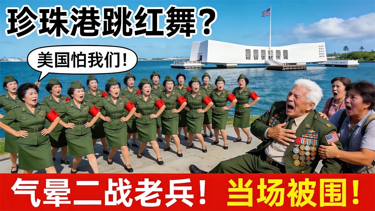 30名华人大妈身穿红卫兵服，在珍珠港纪念馆高唱'打倒美帝'！二战老兵被气晕倒！大妈狂喊'美国怕我们'，被持枪宪兵包围！判驱逐+永久禁入！