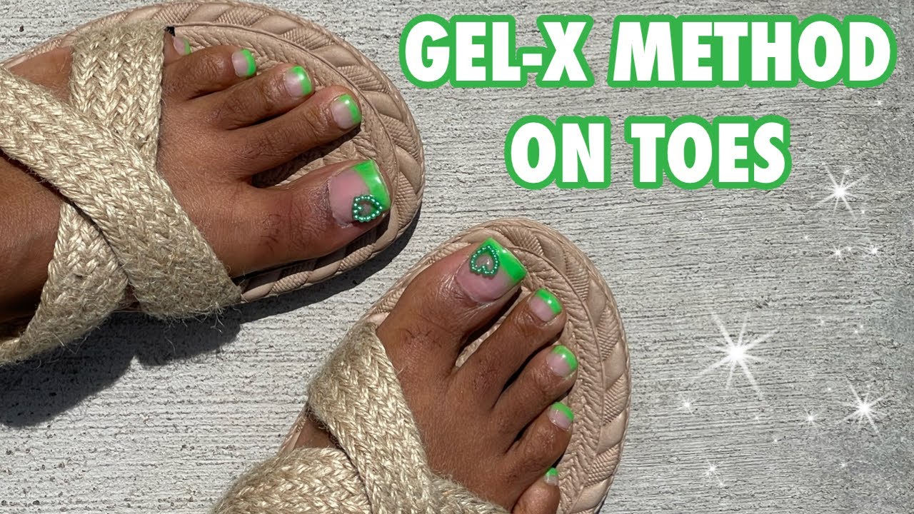 Gel-X Method on Toes | Green French Tip Toes | Bling on Toes | Acrylic Toes Dupe|Pedicure at Home