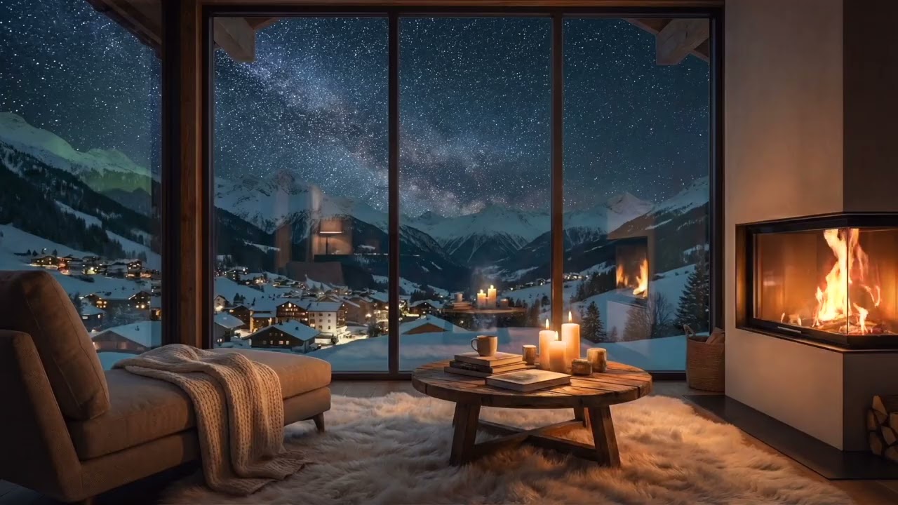 Cozy Cabin Fireplace on a Snowy Night Crackling Fire & Winter Village Ambience | 8 Hours Deep Sleep