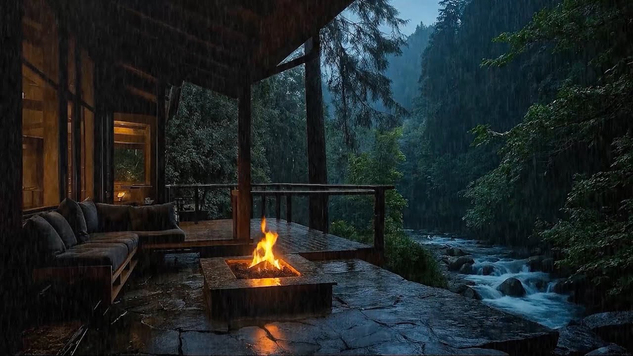 Deep Sleep Ambience 🌲⚡ | Cold Rain & Warm Stone Fireplace on a Cozy Pine Forest Terrace
