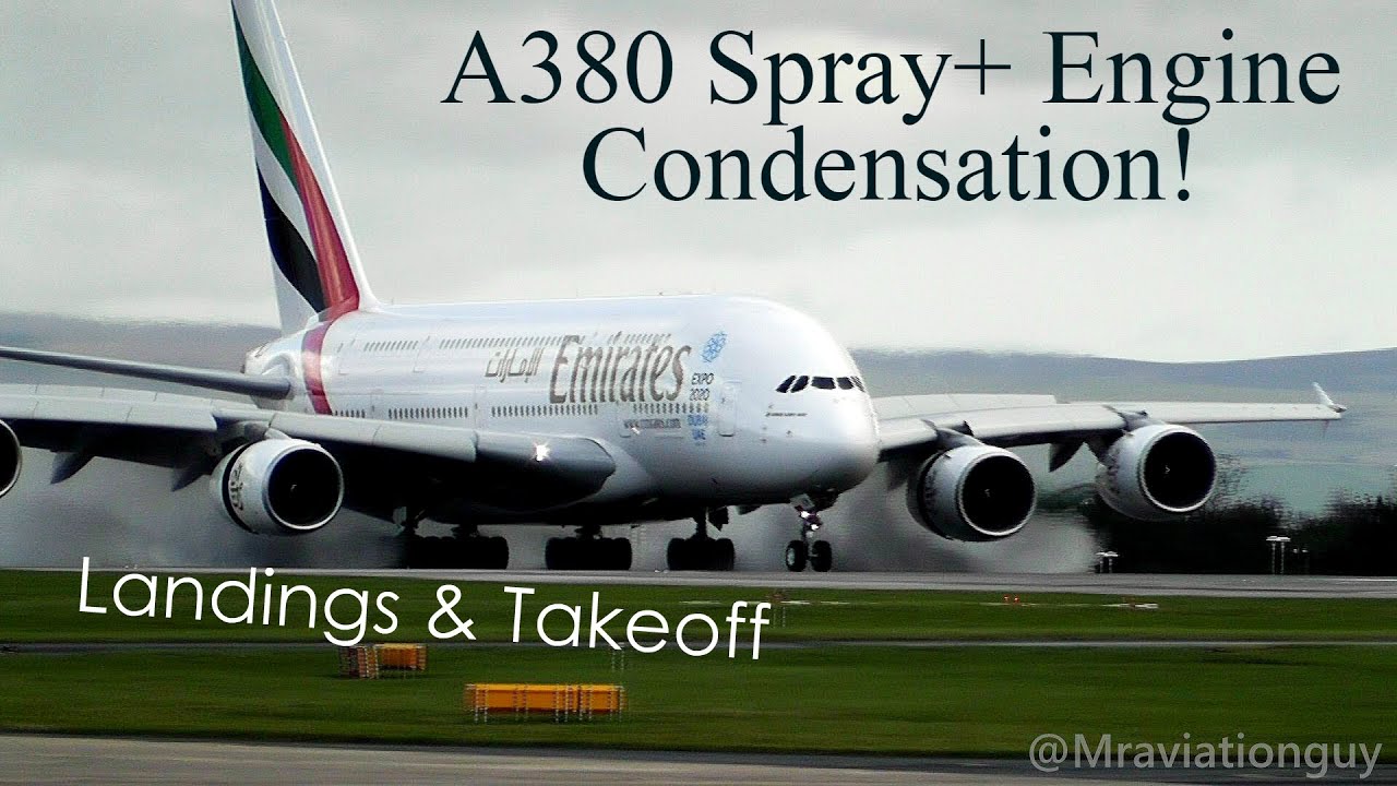 A380 Reverse Thrust SPRAY & Engine CONDENSATION - Wet Wet Wet - Manchester Airport (HD)