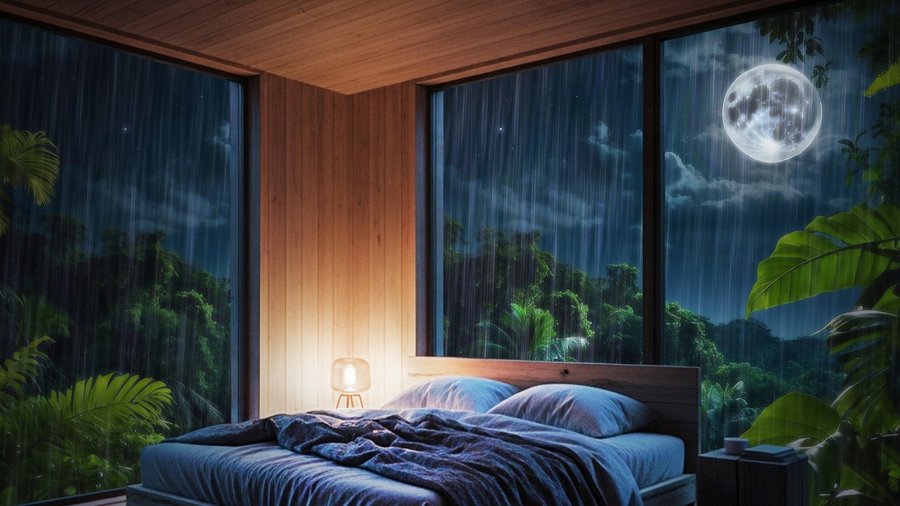 9 HOURS Tropical Rain Bedroom Under the Full Moon 🌙 Deep Sleep Ambience