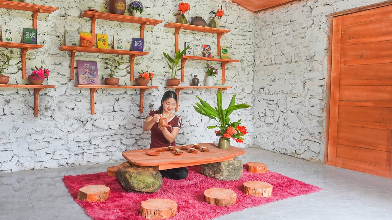 DIY Tea Table, Seat, Wall Shelf From Wooden _Journey of Alone Building Stone House