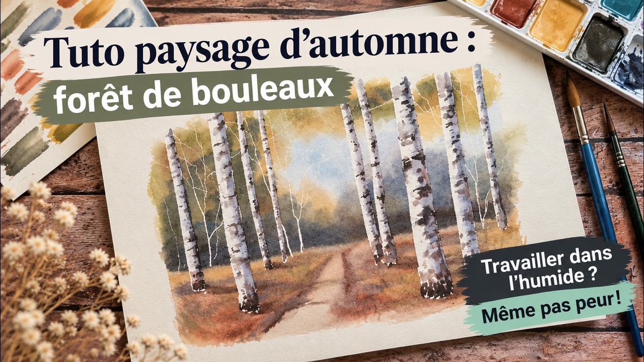 Paysage d'automne  - forêt de bouleaux à l'aquarelle