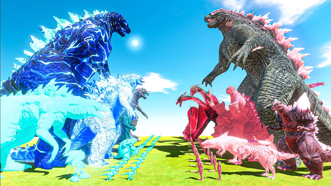 Team Atomic Blue Godzilla vs Team Evolved Pink Godzilla - Animal Revolt Battle Simulator