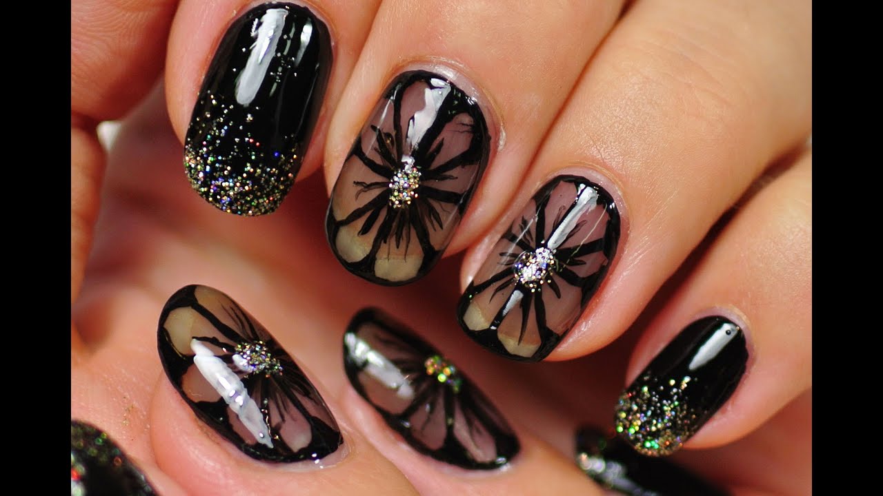Nail Art. Black Nail Design! Black Flowers!