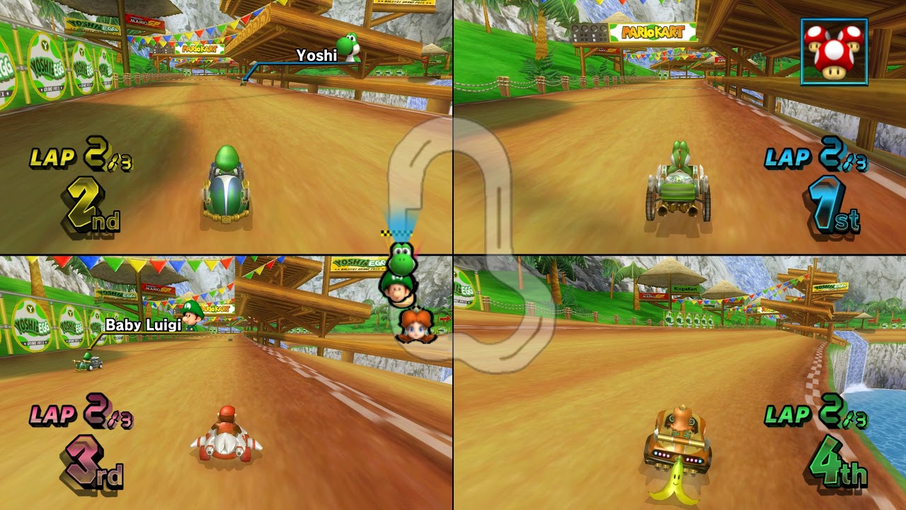 Mario Kart Wii DS Yoshi Falls 4 player Netplay race 60fps