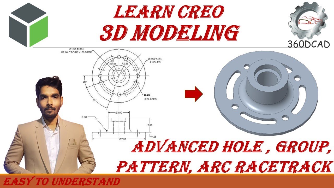 Creo Part Modeling:  One Model - Multiple Way | Pattern, Arc Racetrack, Hole-Counterbore | In Hindi