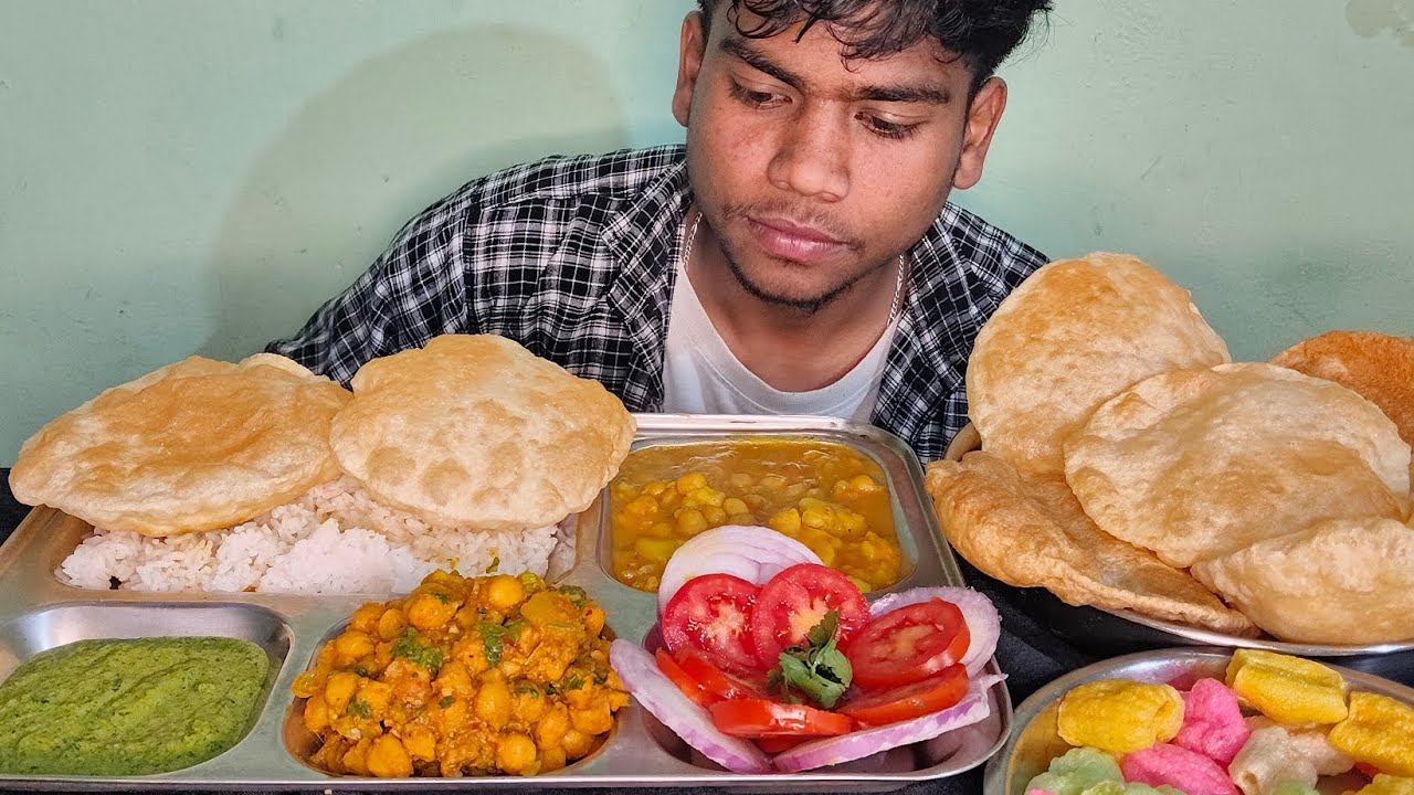 Eating chole bhature, masala chole, chawal, salad, papad😋. Eating videos