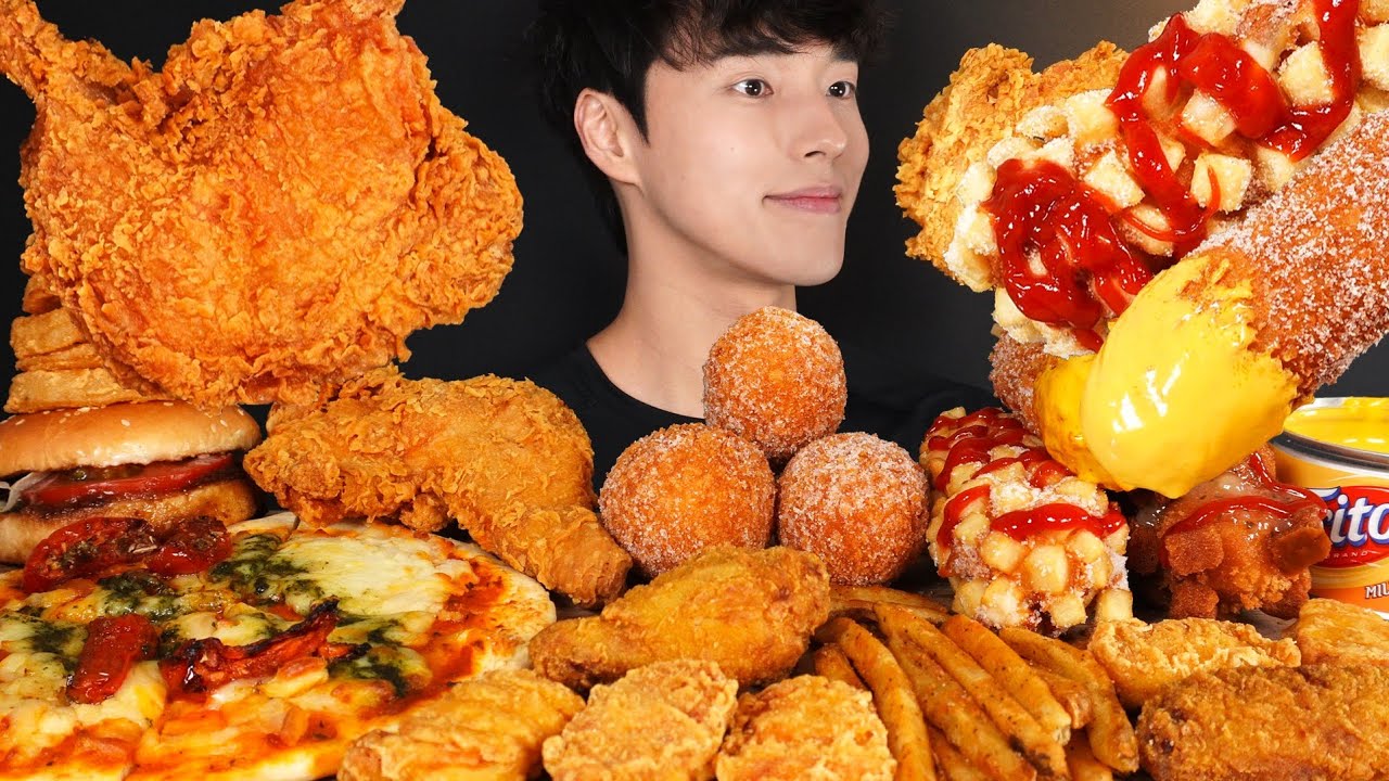 ASMR MUKBANG FRIED CHICKEN & CORN DOGS & PIZZA & BURGER & FRIES & ONION RINGS & CHICKEN NUGGETS
