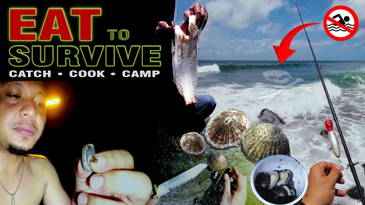 Shore Camping & Fishing : Monster Waves | Catch & Cook | Limpet Shells | Kayukno Spot, Cavite - ASMR