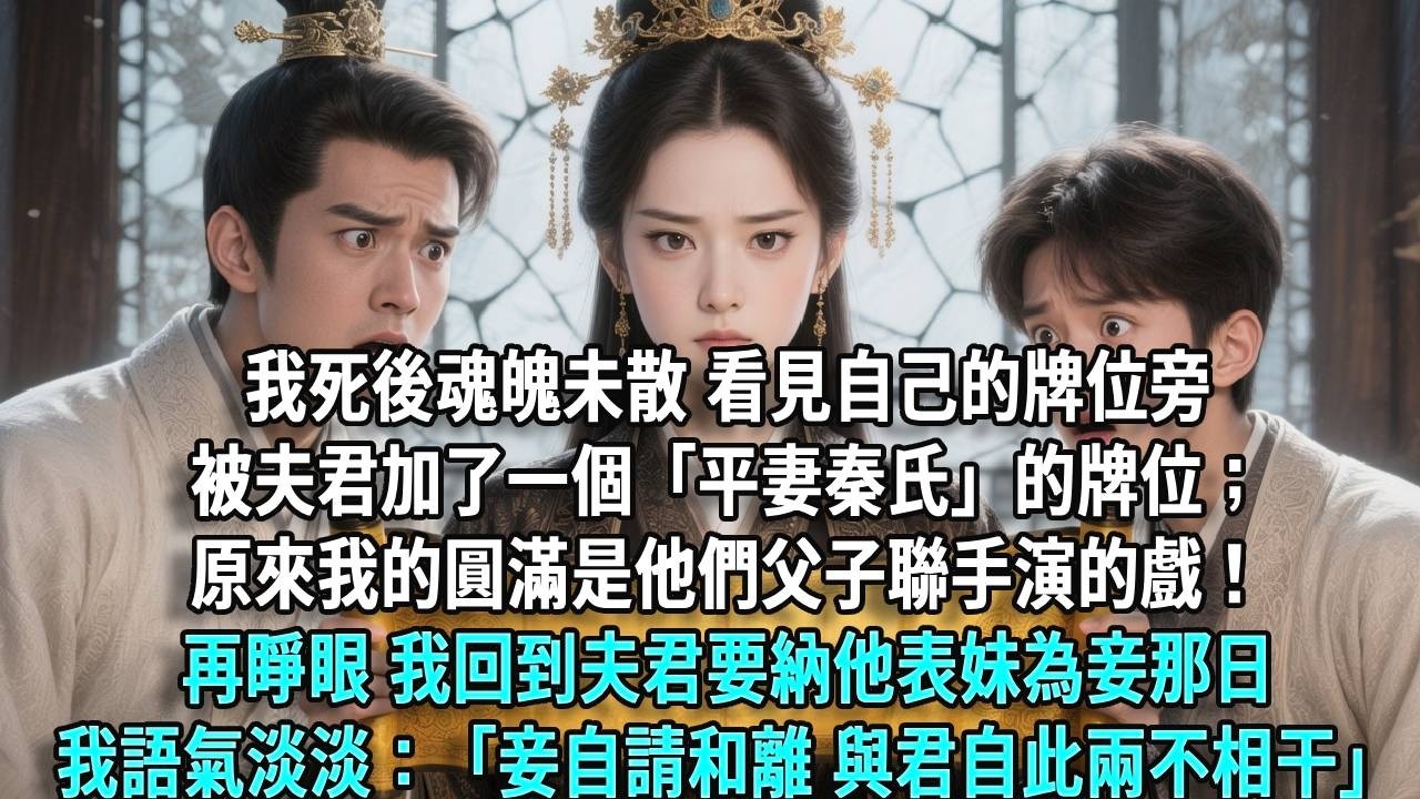 我死後魂魄未散，看見自己的牌位旁被夫君加了一個「平妻秦氏」的牌位；更誅心的是我兒子，低聲教孫兒：「給兩位祖母磕頭。」原來我的圓滿是他們父子聯手演的戲！再睜眼，我回到夫君要納他表妹秦煙柔為妾那日