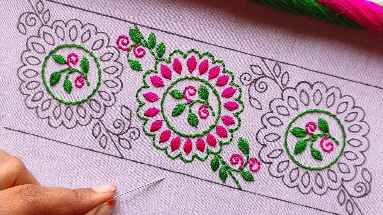 Hand embroidery design dress borderline easy and simple stitch,জামার নিচের ফুলকারি বর্ডারলাইন ডিজাইন