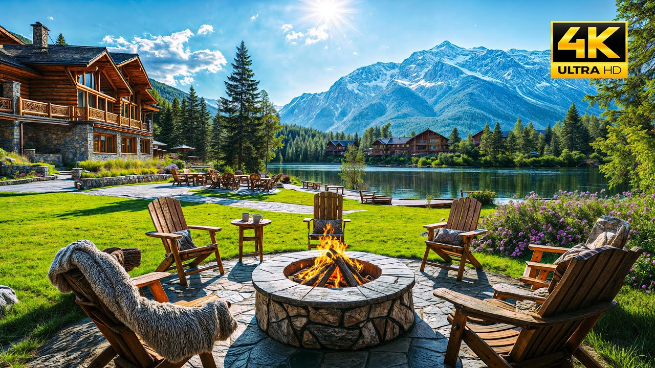 Relaxing Spring Cabin Morning by the Lake with Calming Nature Sounds. Cozy Burning Fire for Unwind