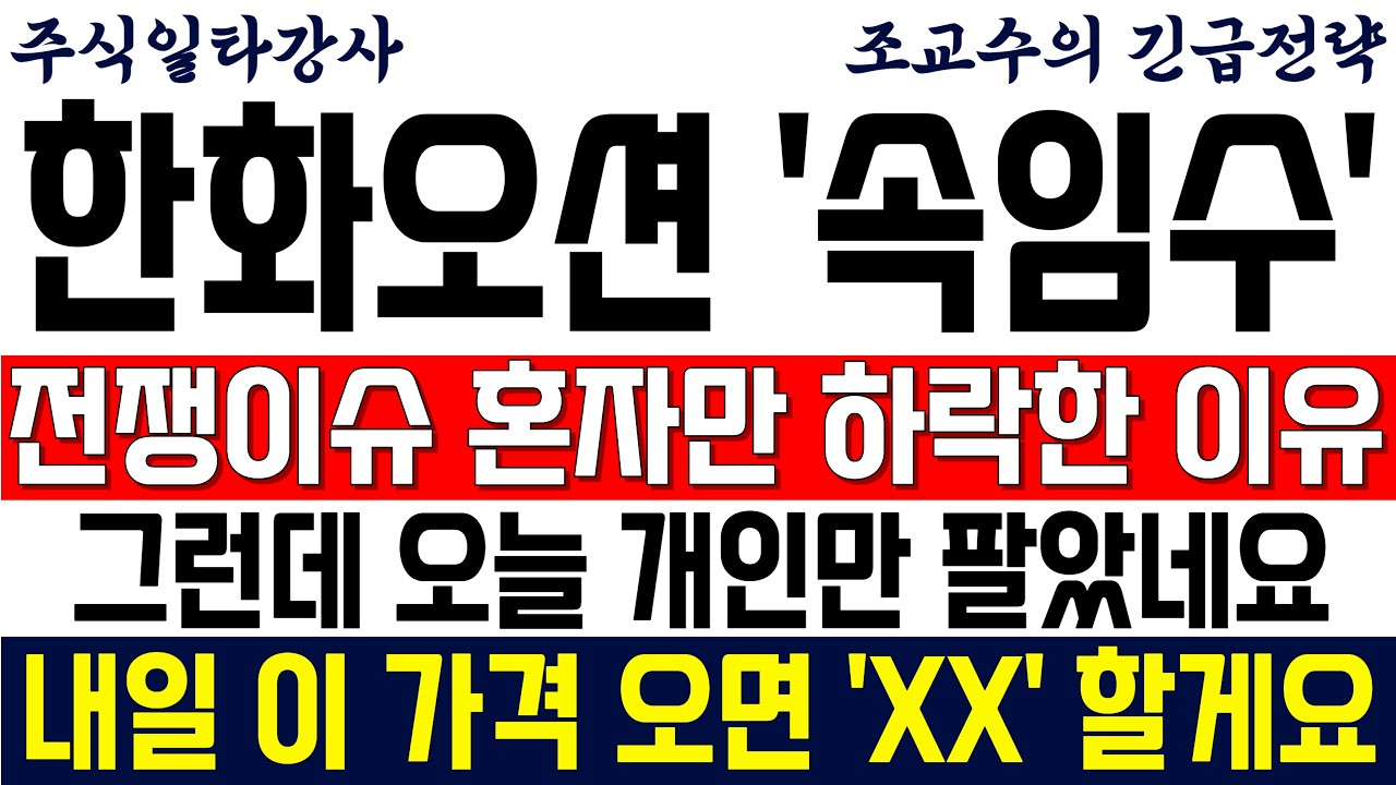 [한화오션 주가전망 조교수] 전쟁이슈에 혼자만 하락한 진짜 이유! 그런데 오늘 개인만 팔았네요.. 내일 이 가격 오면 'XX' 할게요