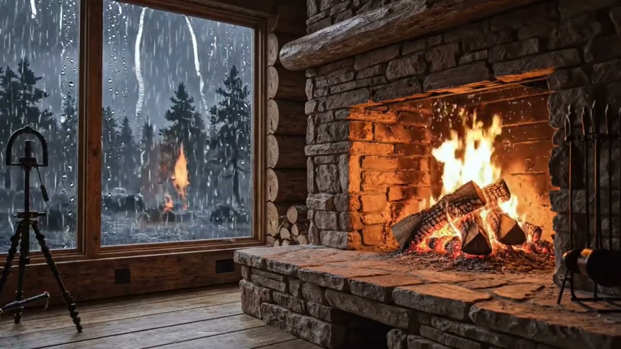 🔥 Fireplace 12 Hour – Relax, Unwind, and Sleep Better 🔥Cozy Cabin Fireplace with Heavy Rain Outside
