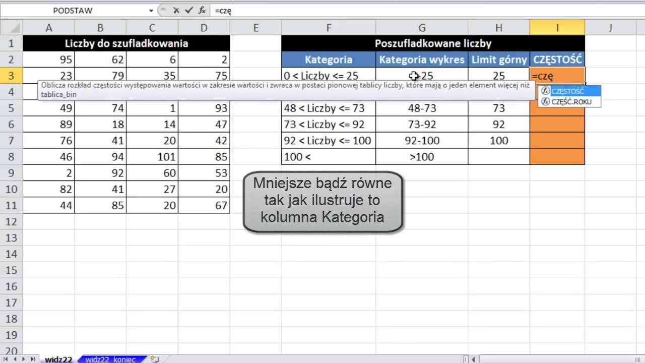 Excel - Funkcja CZĘSTOŚĆ - liczenie liczb w przedziałach - widzowie #22