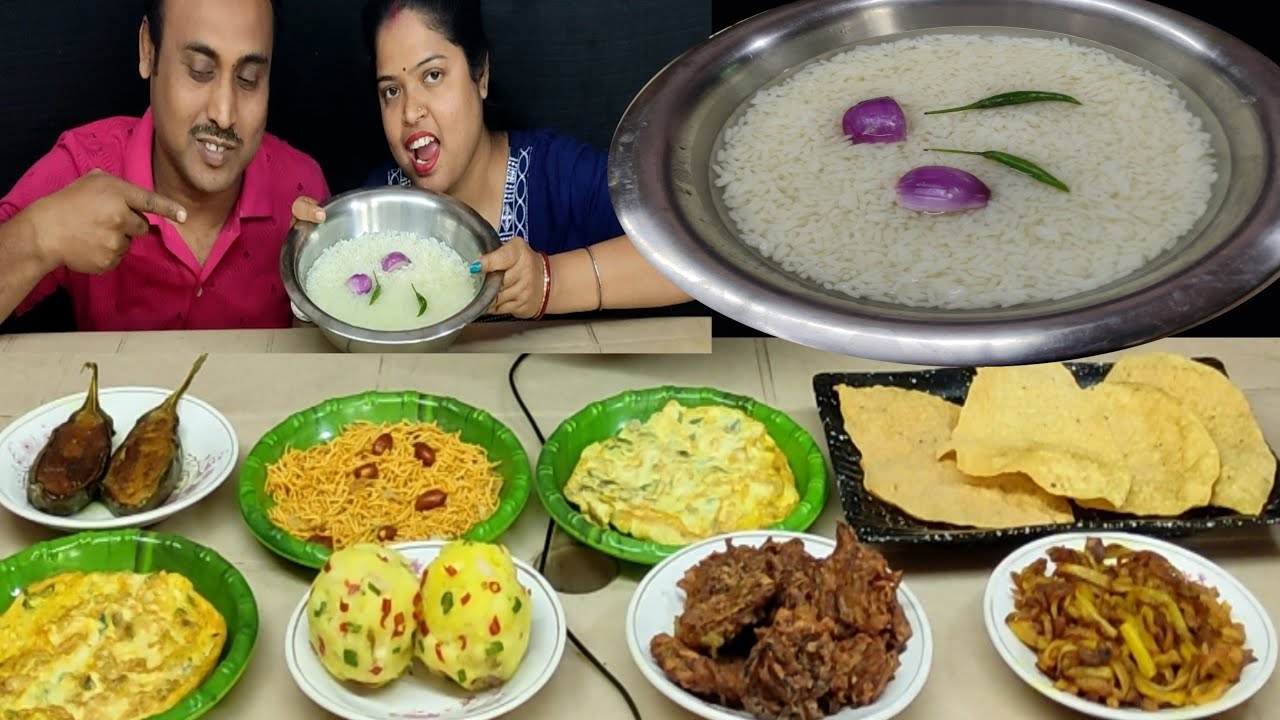 PANTABHAT/ POKHALBHAT EGGOMELETTE ONIONPAKODA ALOOBHARTA BRINJALFRY  POTATOFRY EATING  CHALLENG
