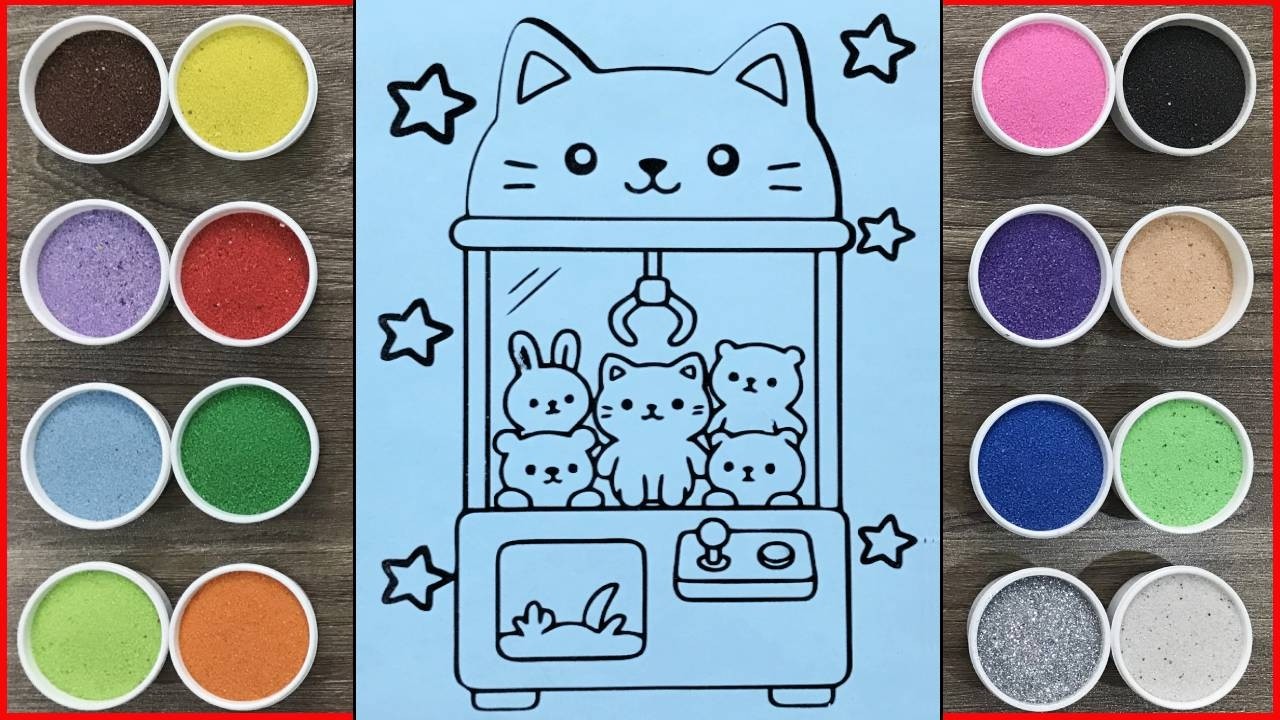 Vẽ tô màu tranh cát máy gắp thú bông con mèo - Kitty claw machine sand painting (Chim Xinh channel)