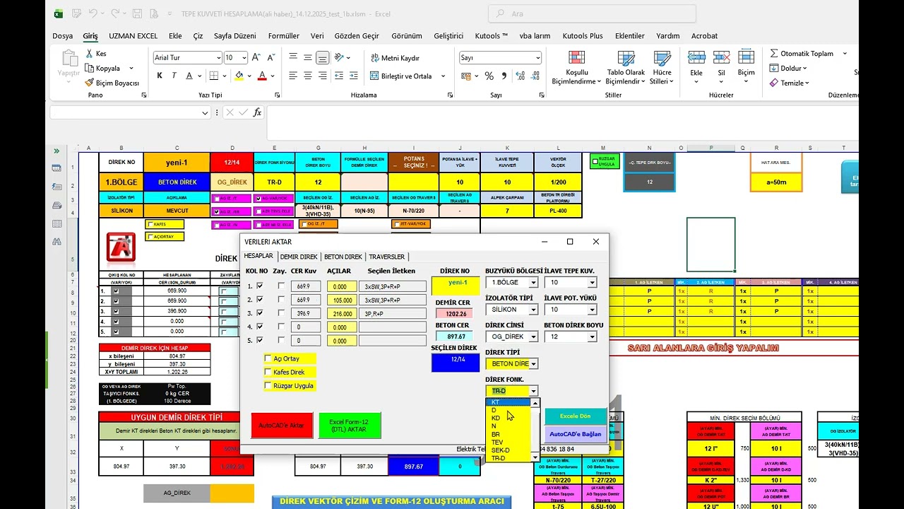 Direk tepe kuvveti hesabı ve vektör diyagramı oluşturma programı VBA