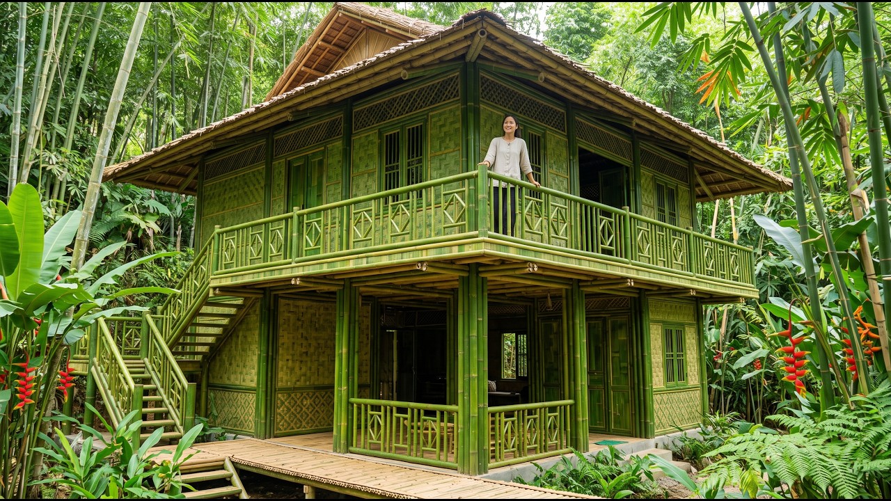 Building a Giant Two-Story Bamboo House with a Beautiful Green Design in the Forest