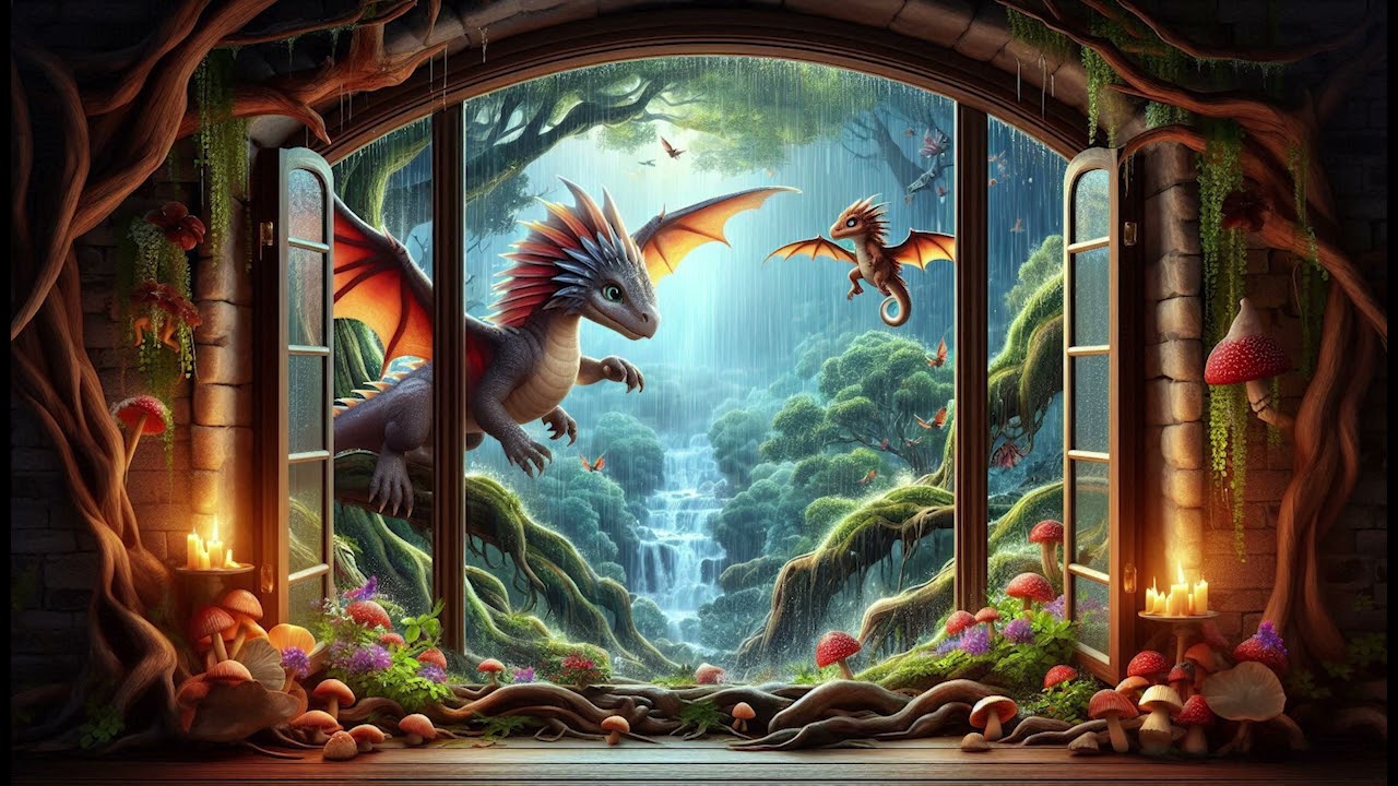 Close up of Window with Dragons in a Magical Forest  Wallpaper / Background  Waterfall Sound