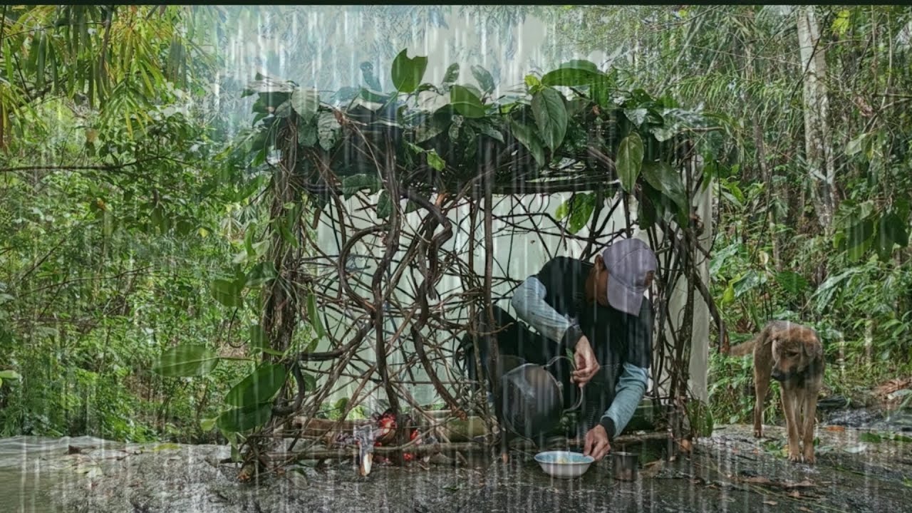 Solo camping membuat tempat berteduh dari akar hutan suasana mencekam saat di guyur hujan deras