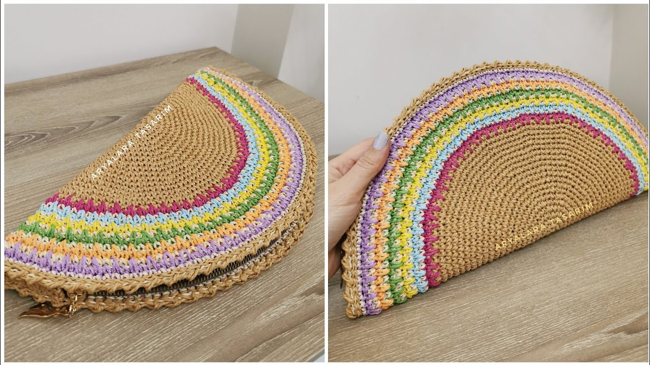 Aryalara Tasarım İmzalı Kağıt İpten Yarım Daire (D) Clutch Çanta Yapımı  #crochetbag #handmadebag