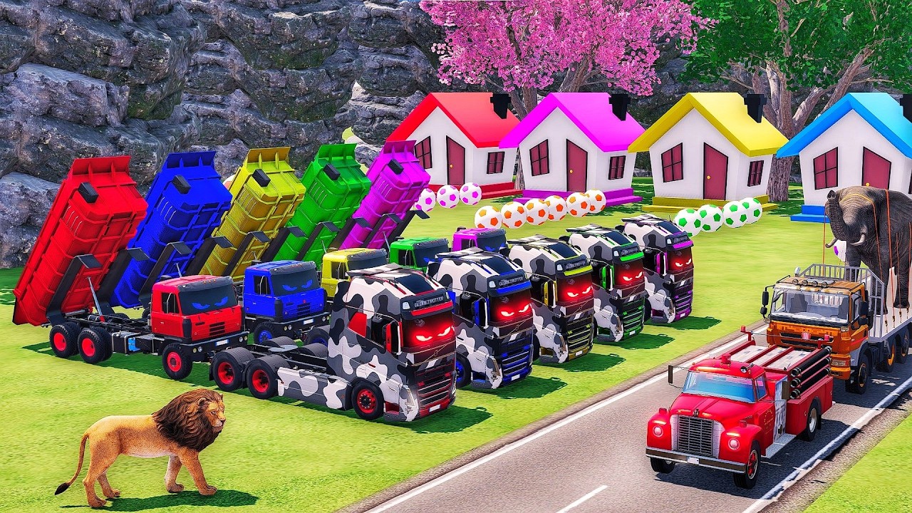 Transporting With COLORS - SCANIA MIXER TRUCK and MAN DUMP TRUCK with VOLVO FLATBED TRAILER TRUCK