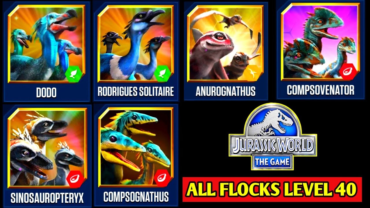 ALL FLOCKS DINOS MAX LEVEL 40 BATTLE | JURASSIC WORLD THE GAME