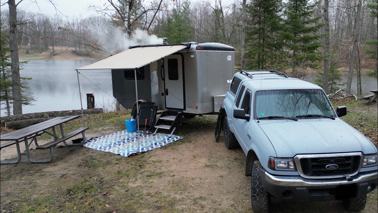 Tiny Cargo Trailer Camping Lakeside - Spring Storm, Wood stove