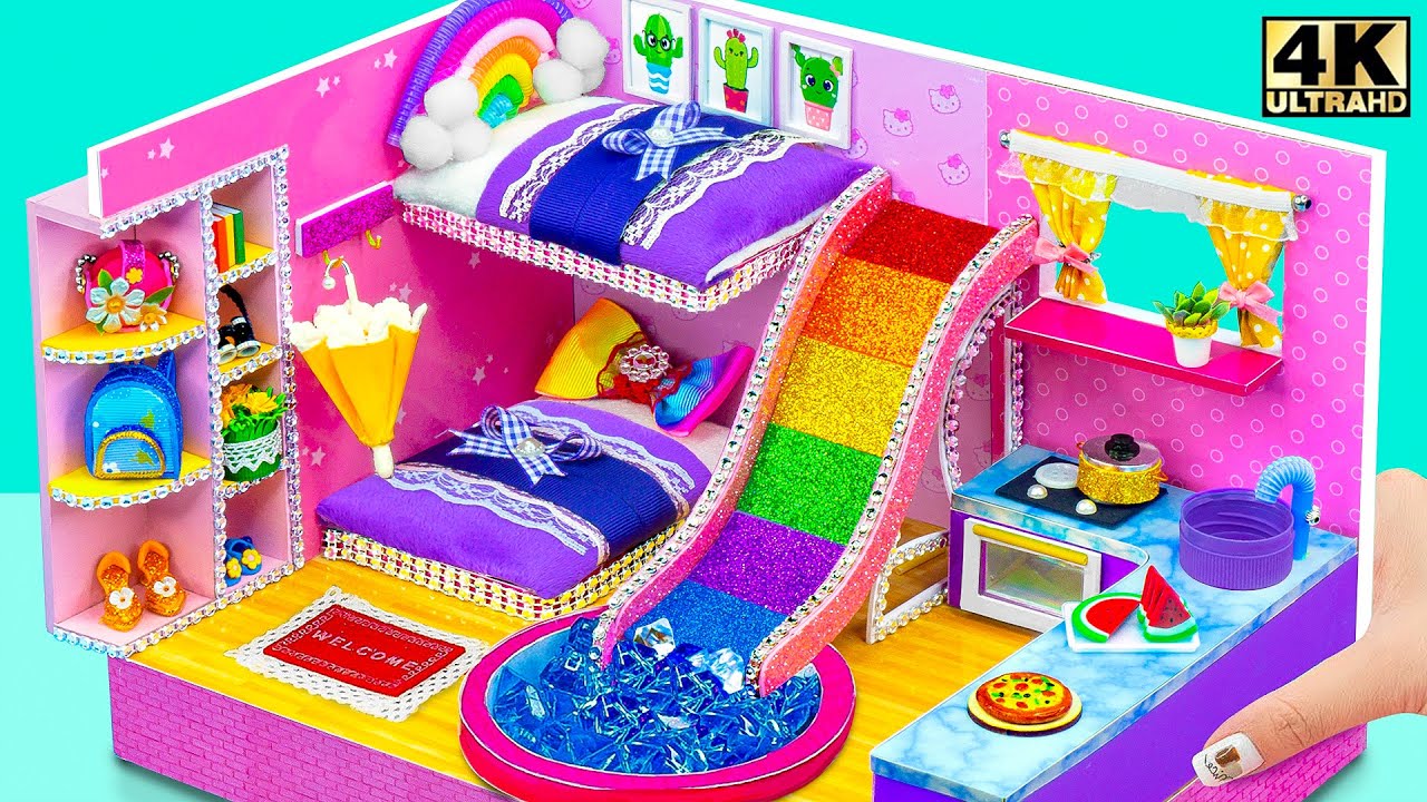 Build Purple House with Bunk Bed and Water Slide Down to Pool from Cardboard | DIY Miniature House