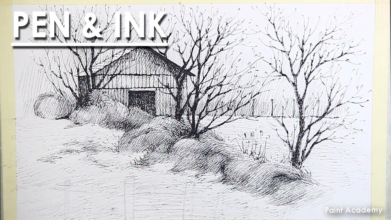 Pen & Ink Drawing Landscape : A Composition on A Barn | step by step strokes to follow