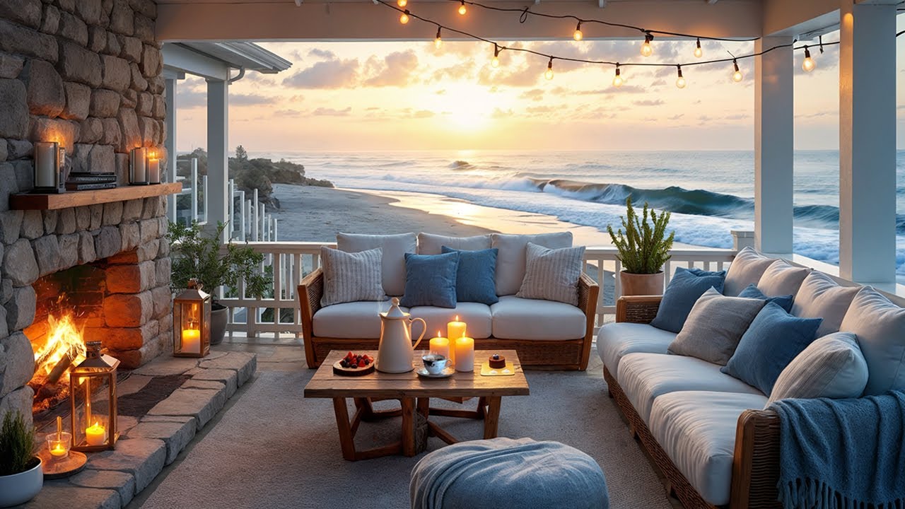 Seaside Cottage in a Storm | Warm Fire Crackle & Ocean Waves for Deep Relaxation