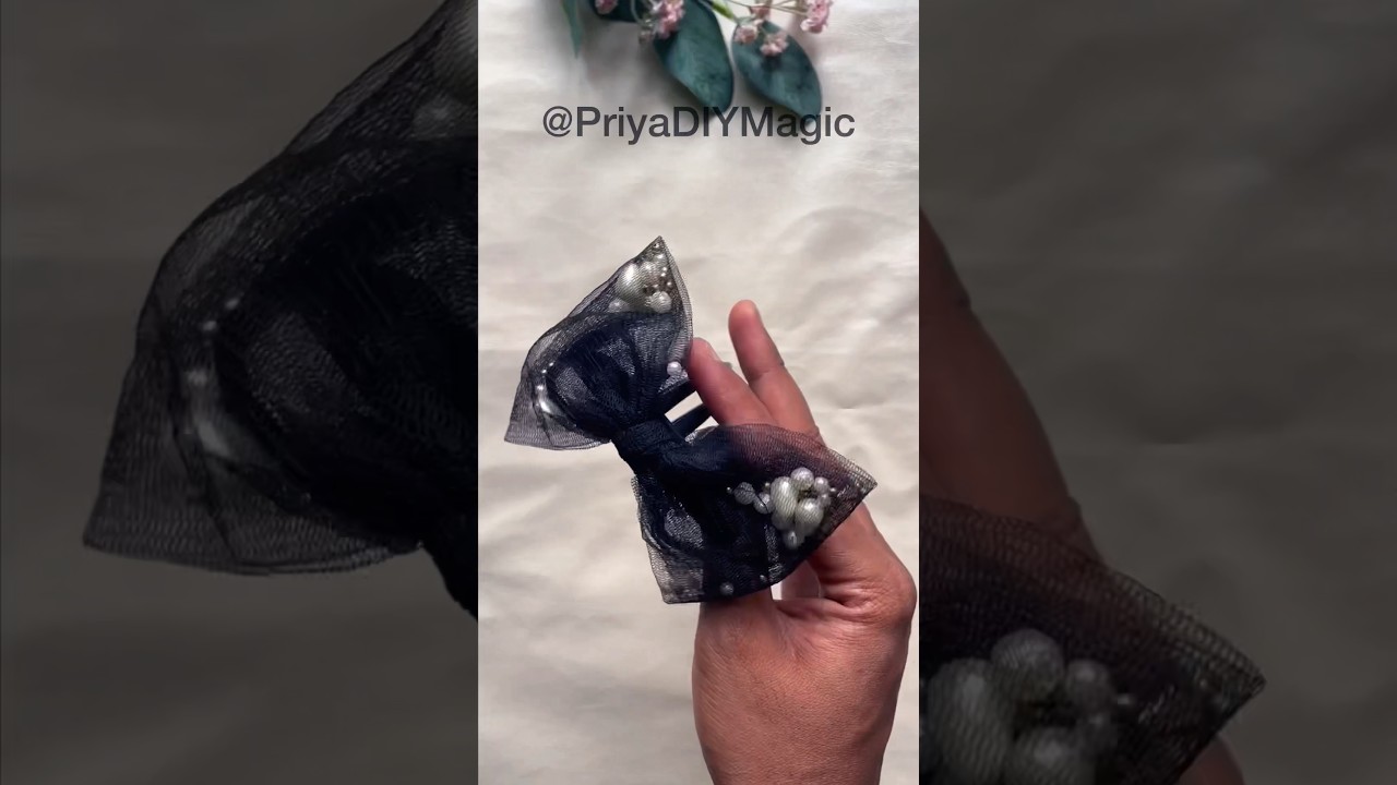 DIY Easy Net Pearl Bow Tutorial🎀 | Quick & Stylish Hair Accessory😱 #scrunchies #bow #shorts #viral