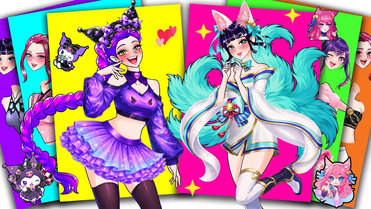 KUROMI RUMI vs AHRI ZOEY Nine Tails Fox Cosplay - HUNTRIX KPOP DEMON HUNTERS | Sticker Book DIY