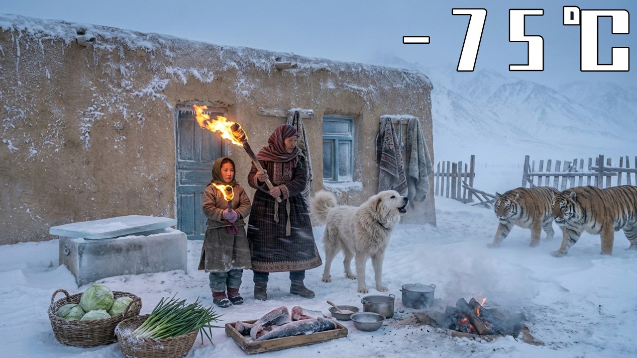 Surviving a –75°C Blizzard Mountain Homestead Fishing,Cooking,Guarding Garden&Sheep,DrivingOffTigers