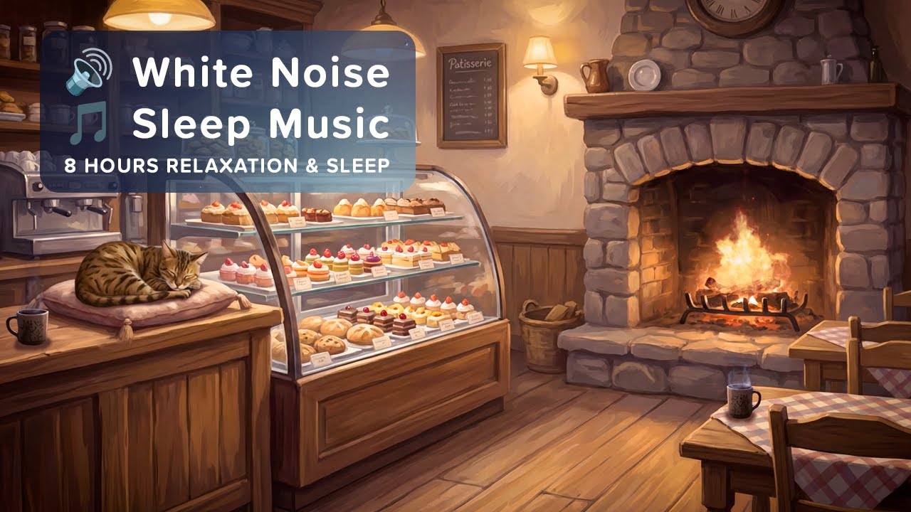 🎵 8 Hours Relaxation & Sleep - Cozy Cat Café | Ultra-Soft Ambient Jazz, Fireplace & Purring