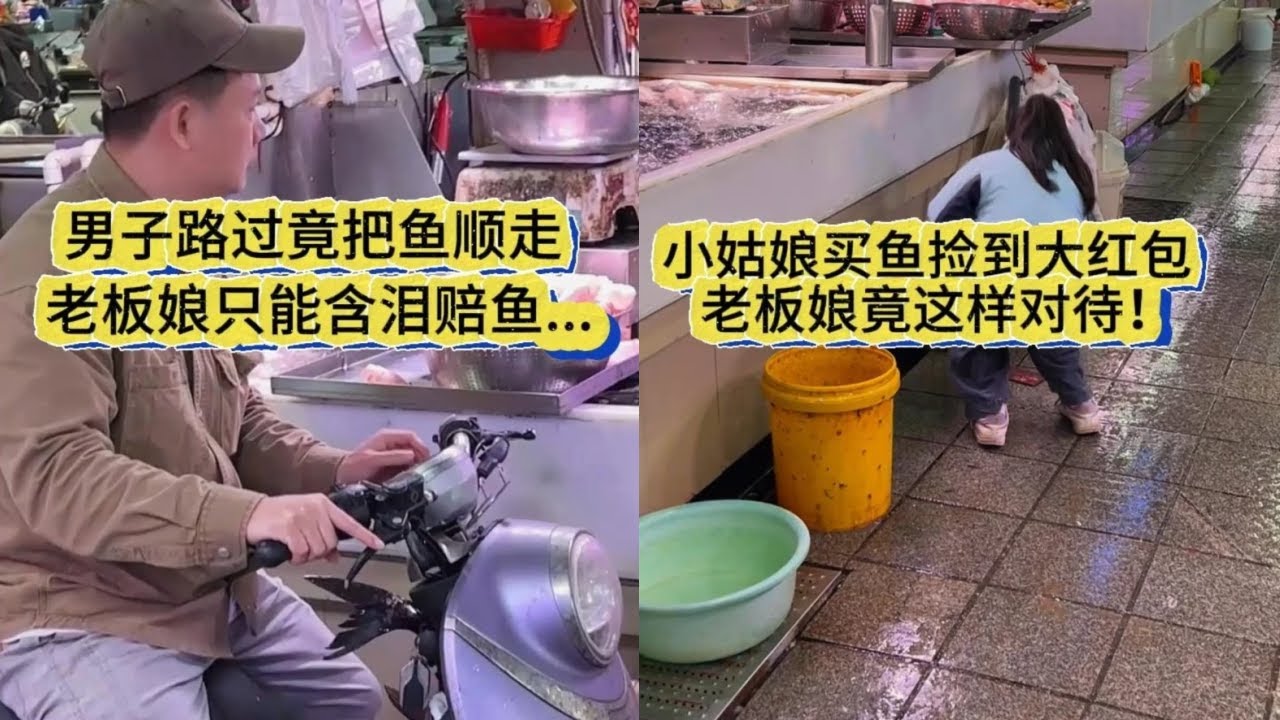 男子路过竟把鱼顺走，老板娘只能含泪赔鱼！｜小姑娘买鱼捡到大红包，老板娘竟这样对待！