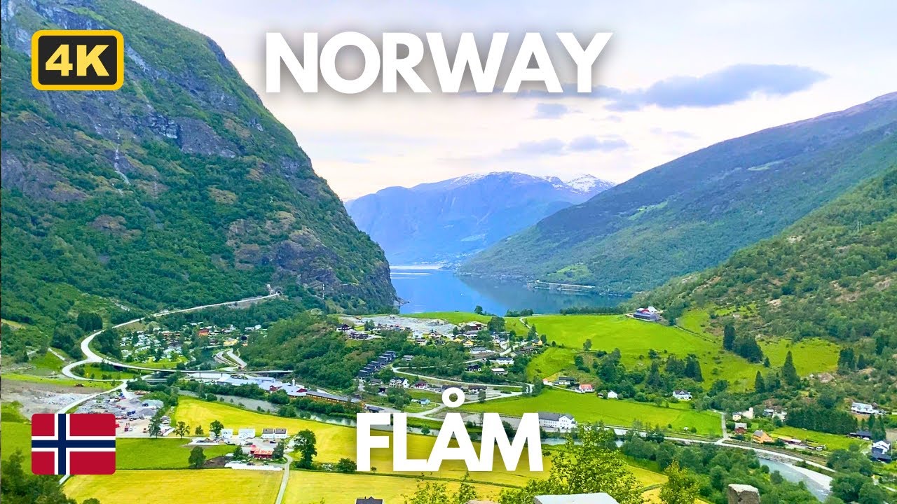 Flåm Norway 🏡 Charming Fairy Tale Fjord Village ⛰️ Relaxing Waterfall Calming Nature 4K