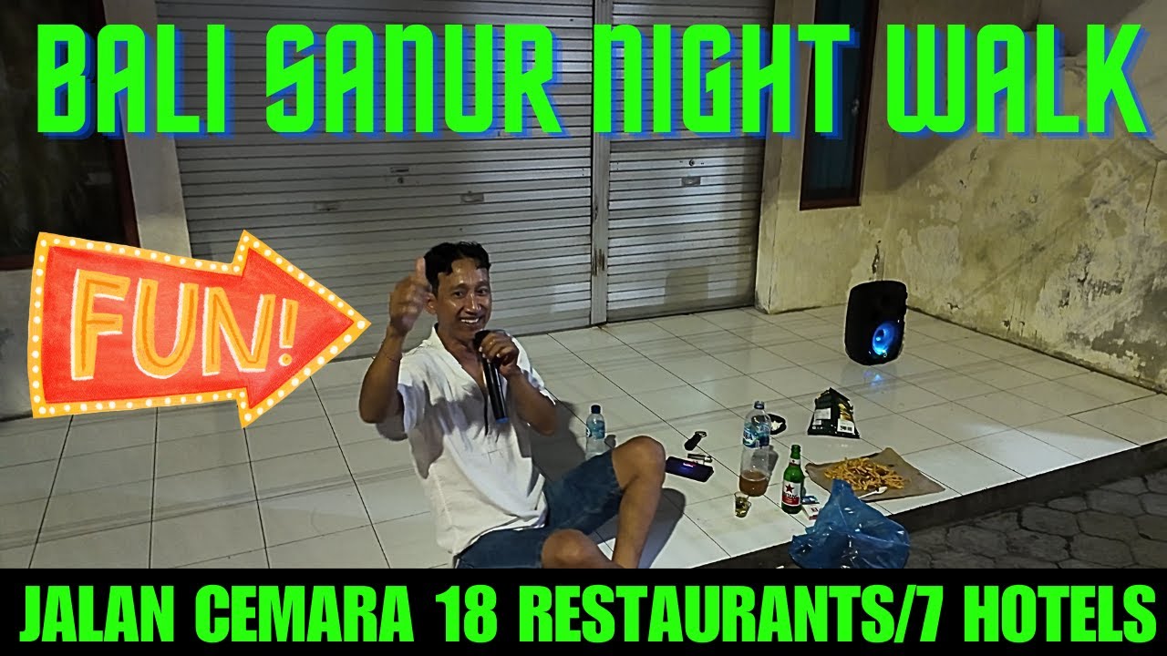 Bali Sanur Night Street Walk Jalan Cemara, Restaurants, Hotels & Shops