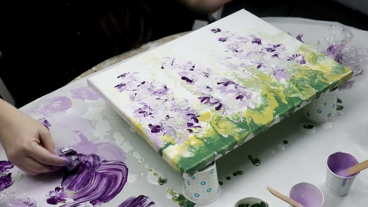 (745) Stunning Wisteria Flowers! Saran Wrap Dip Technique to Create Wisteria,  Acrylic Pour Painting