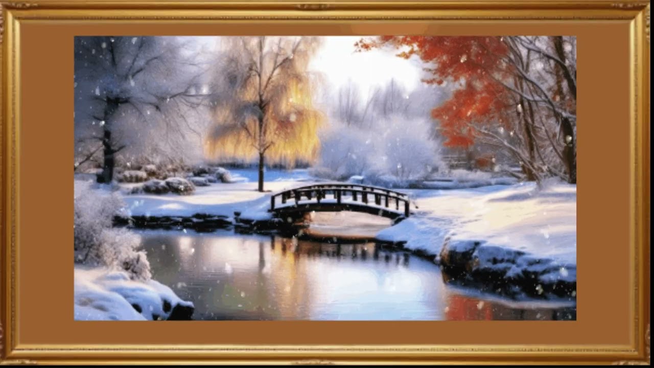 Golden Winter Sunlight. Snow Park River. Gold Framed TV Art. Screensaver.  #homedecor#snow#winter
