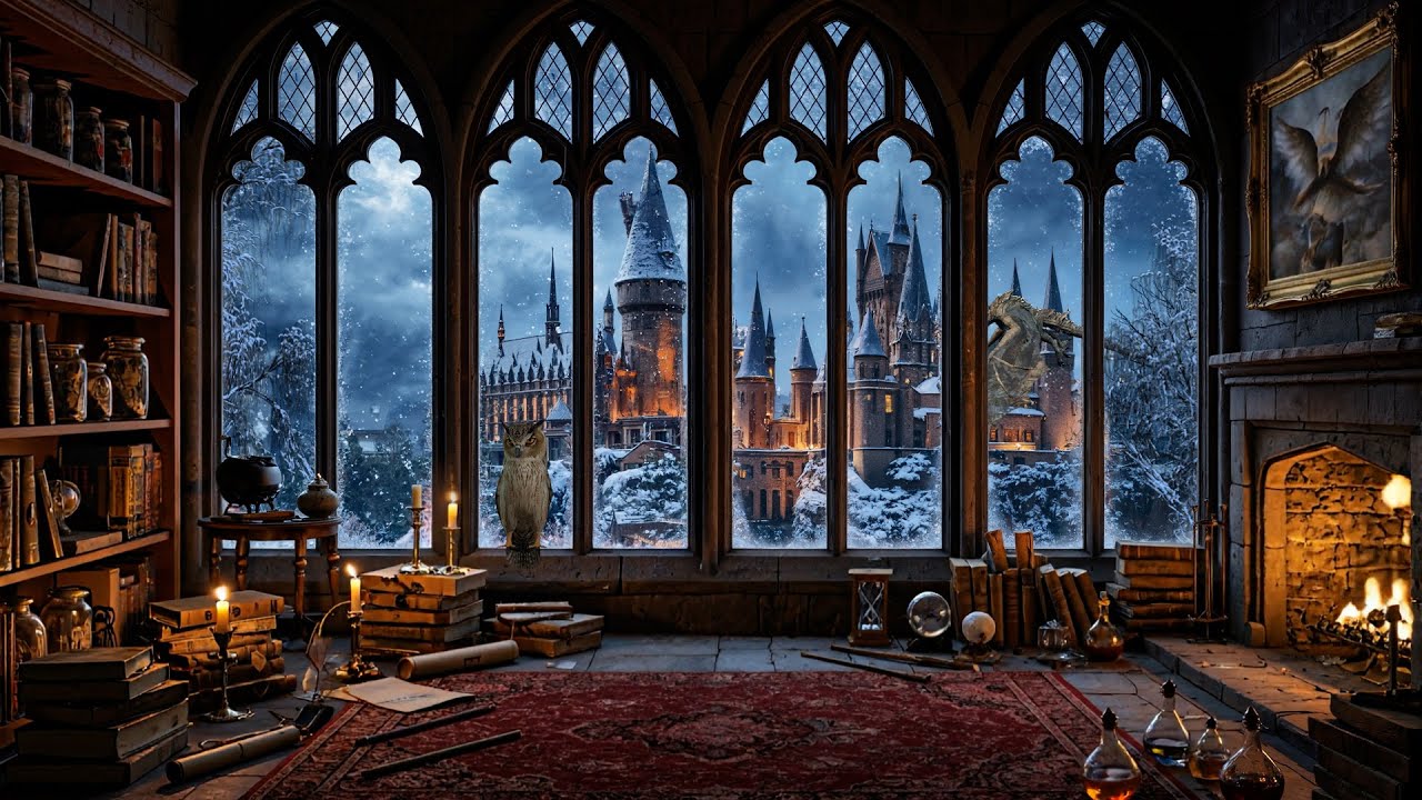 Hogwarts Winter Window Scene | Cozy Magical Castle Ambience with Snowfall, Fireplace, White Noise