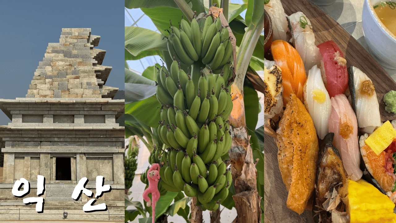 뚜벅이 혼자 익산 당일치기🍌바나나 온실 카페 • 미륵사지 • 깨통닭 • 옥수수찹쌀식빵 | 풍성제과, 카페 덕기, 솜리치킨, 초미당 첫번째, 미지 소품샵, 목밀