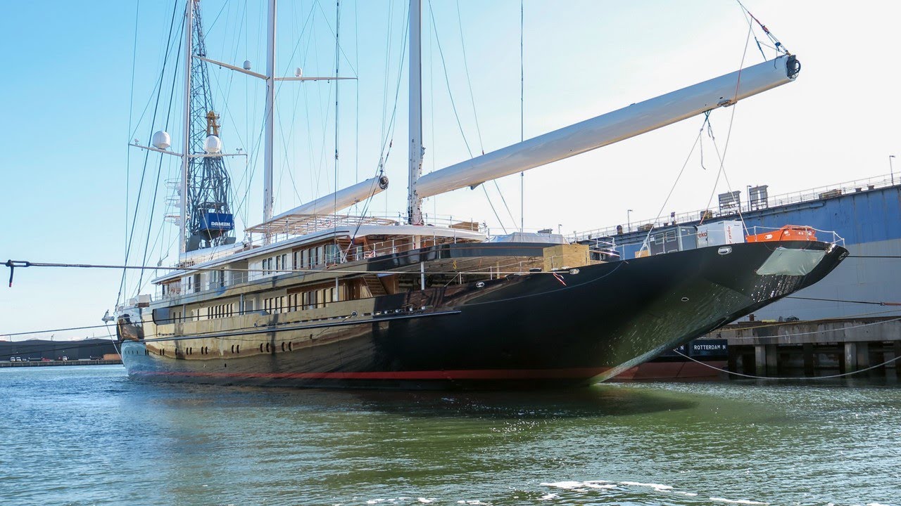 Jeff Bezos’s sailing yacht Koru with her masts stepped