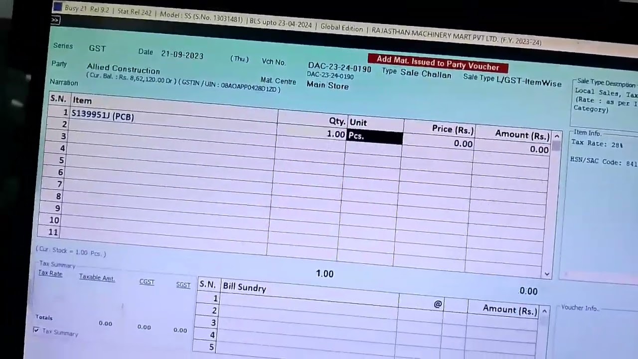 Busy software in challan create