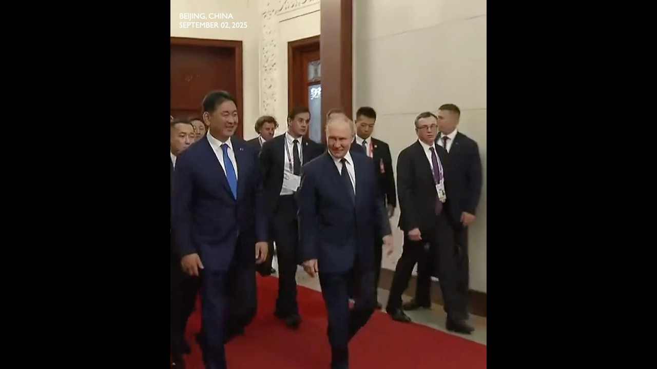 Putin walks beamingly with Mongolian leader to meet President Xi