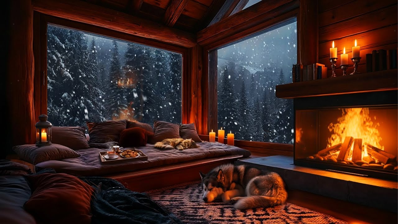 Уютная зимняя хижина, ночной ❄️ камин, тепло, снегопады и атмосфера отдыха домашних животных