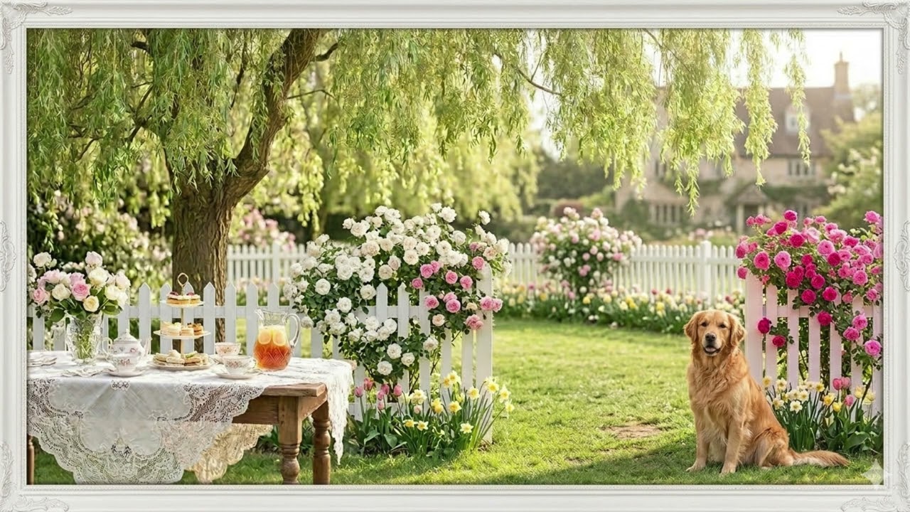 Doggy welcomes you to a Spring Garden Party for Easter | 4K Frame TV Art | screensavers | flores